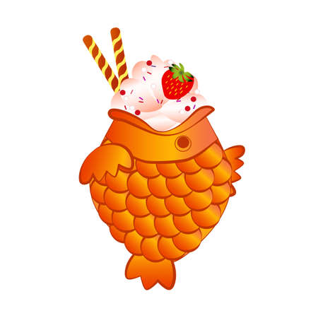 Asian traditional fish shaped sweet cake. Taiyaki ice cream cone custard vector illustration. Japanese takeaway street food dessert isolated on white background.のイラスト素材