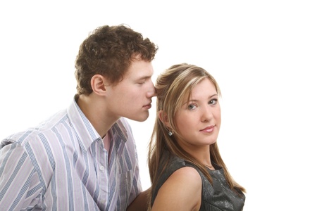 young beautiful happy couple in studioの写真素材