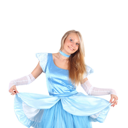 young beautiful blond girl in the light blue dressの写真素材