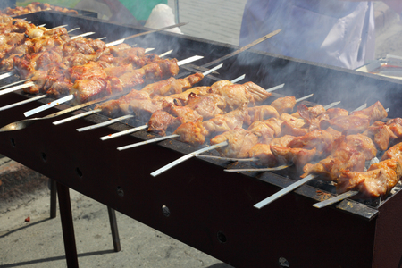 shashlyk making in the park の写真素材