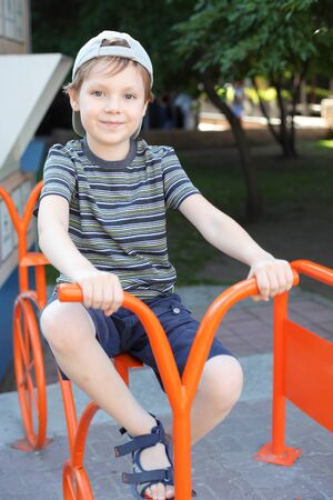 cute little boy with a bicycleの写真素材