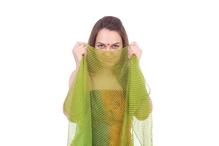 pretty young woman wearing a costume of an indian girlの写真素材