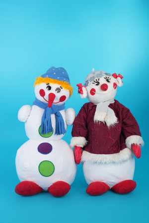 couple of the snowmen made of textile, decoration for Christmasの写真素材