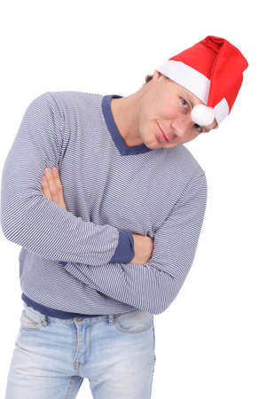 handsome young guy wearing Santa Claus capの写真素材
