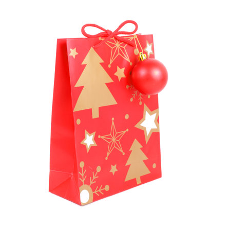 new year red paper gift bag on the white backgroundの写真素材