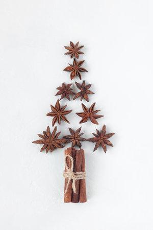 new year tree made of stars anise and cinnamon sticks, white background, top viewの写真素材