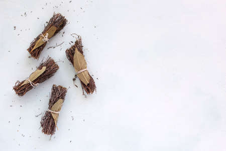 dry bouquet garni on the white background, copyspaceの写真素材