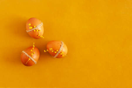 Easter eggs on the yellow background in the sunlight, top view, copy spaceの写真素材