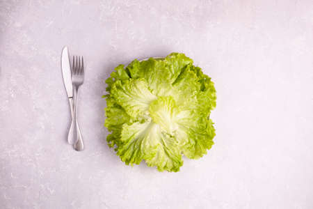 green salad leaves on a plate, metal cutlery, gray background, top view, minimalismの写真素材