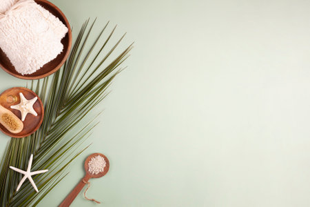 spa composition with palm leaf, towel, sea salt and starfish, light green background, top view,の写真素材