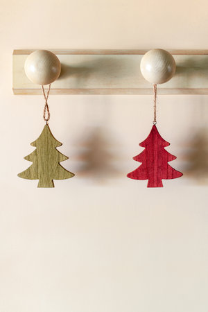 Christmas tree form wooden interior suspended decoration, zero waste idea, minimalismの写真素材
