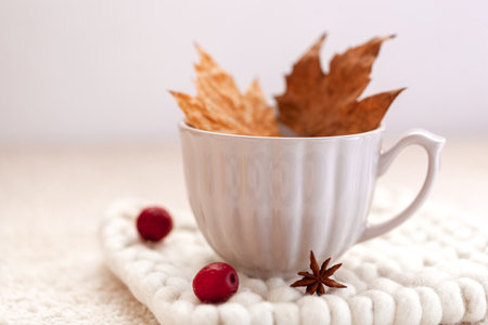 autumn cozy composition with a cup and fallen leaves, side view, copy spaceの写真素材