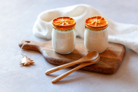 Two portions of joghurt decorated with dry orange slices, winter breakfastの写真素材
