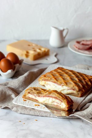 puff with ham and cheese cut on a rectangular plate on a kitchen table, side viewの写真素材