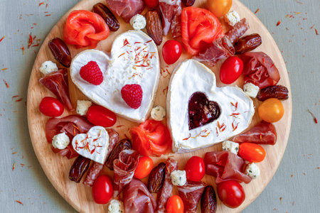Cheese plate with heart shape cheese, fruits and delicatessenの写真素材