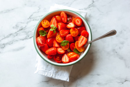 Portion of strawberry, tomato cherry and basil leaves saladの写真素材