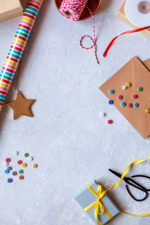 Colorful holiday gift wrapping composition, flat layの写真素材