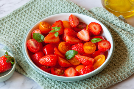 homemade strawberry, tomato cherry and basil leaves salad served in a small bowlの写真素材