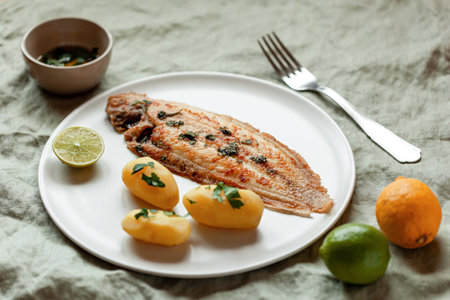 fried sole fish served with boiled potatoes and parsley sauce, plate on a kitchen napkin, side viewの写真素材
