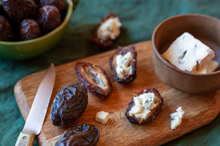 date fruits stuffed with gorgonzola cheese, side viewの写真素材