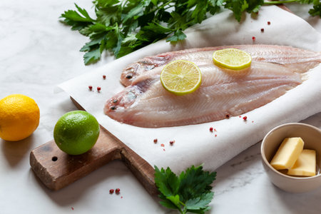 cooking the sole fish french cuisine meuniere style with parsley, butter and lemon sauceの写真素材