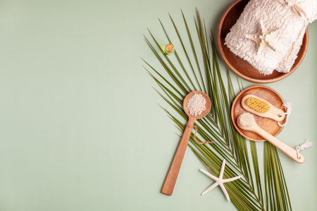Spa composition with palm leaf, towel, sea salt and starfishの写真素材