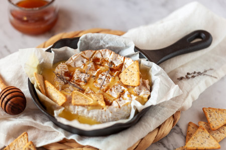 Camembert soft french cheese cooked in the oven with honey and thymeの写真素材