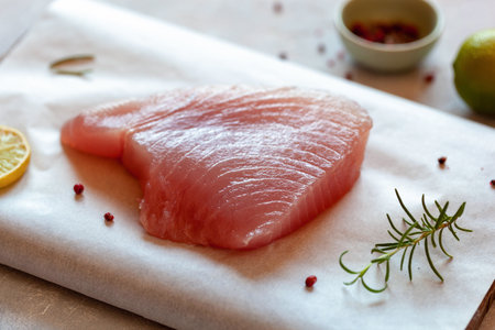 Cooking of raw piece of tuna albacoreの写真素材