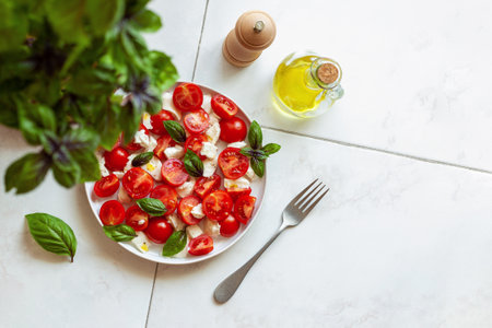 Portion of caprese salad under the basil plant, top viewの写真素材