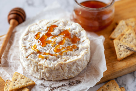 Camembert soft french cheese served with honey and crackers, top viewの写真素材