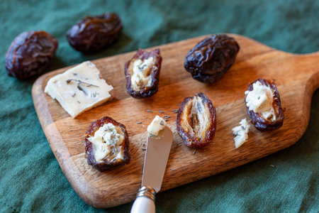 Date fruits stuffed with gorgonzola soft cheeseの写真素材