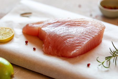 Cooking of raw piece of tuna albacore fishの写真素材