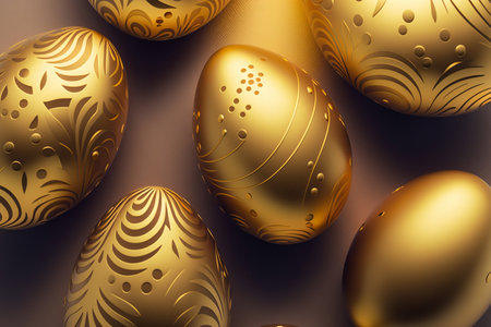 golden decorated Easter eggs on a table, top view, artificial intelligenceの素材