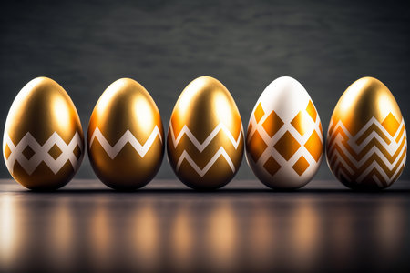 white and golden ornament Easter decorated eggs in a row on a dark background, artificial intelligence creationの素材