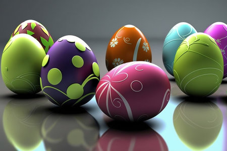 different colors decorated easter eggs on the brilliant surface, closeup, artificial intelligenceの素材