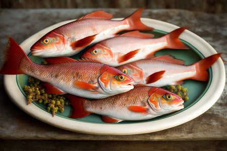 raw red mullet fish on a plate - Triglie alla livornese, artificial intelligenceの素材