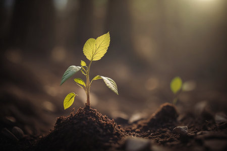 Sprout growing under the sun in warm spring. Beginning of life, sunny day, green tiny sprout, artificial intelligenceの素材