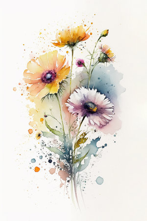 summer flowers bouquet watercolor drawing, greeting card, artificial intelligence creationの素材