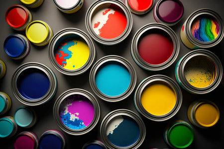 Open paint cans on gray background, top view, artificial intelligenceの素材