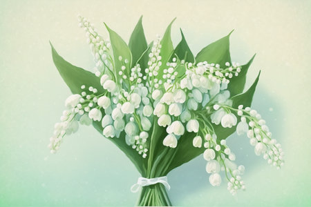Lily of the valley watercolor painting, symbol of the 1st may, pastel green and blue colors, artificial intelligenceの素材