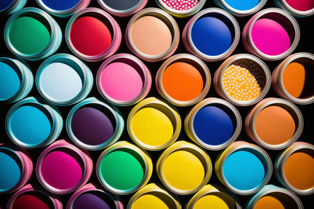 Parallel rows of open different colors paint cans, top view, artificial intelligence generatedの素材
