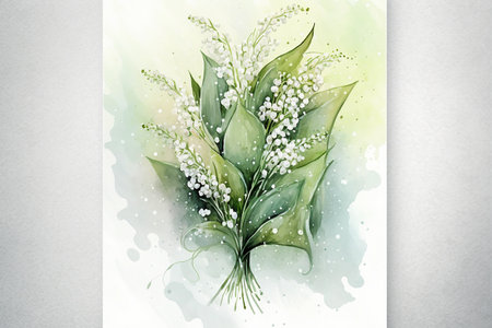 watercolor painting of lily of the valley, symbol of the 1st may, artificial intelligenceの素材