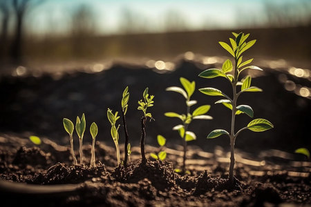 Sprouts growing under the sun in warm spring. Beginning of life, sunny day, artificial intelligenceの素材