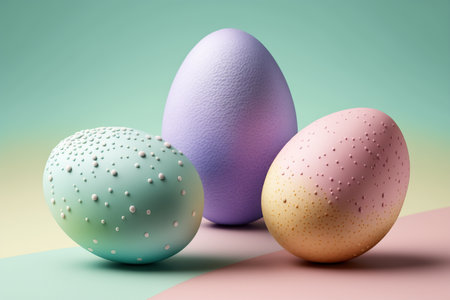 three Easter different colors eggs on the pastel colorblock background, side view, close up, artificial intelligenceの素材