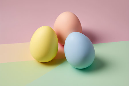 three Easter pastel different colors eggs on the colorblock background, close up, artificial intelligenceの素材