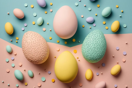 pattern of colored and spotted easter eggs on color blocks background, top view, artificial intelligenceの素材