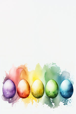 easter different colors eggs in watercolor technique, copy space, vertical orientation, artificial intelligenceの素材