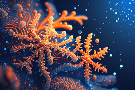 Orange snowflake form coral, marine life, closeup underwater background, artificial intelligenceの素材