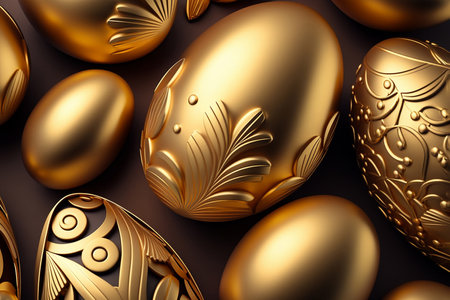golden decorated different sizes Easter eggs on a table, top view, artificial intelligenceの素材