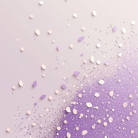 white, pink and lavender different shapes and sizes confetti on the lavender and violet square background, artificial intelligenceの素材